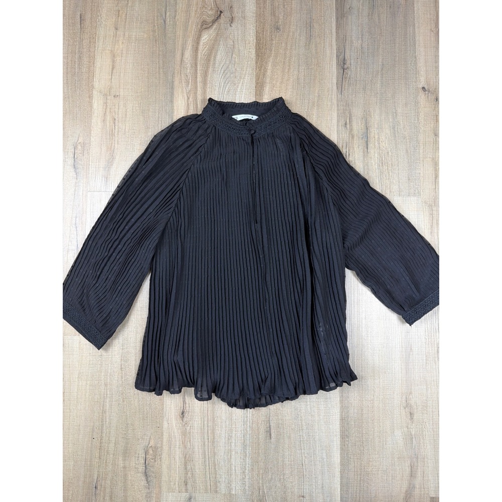 Zara Accordion Pleated Sheer Blouse Black Swiss Dot Vampire Coquette Ruffle Neck